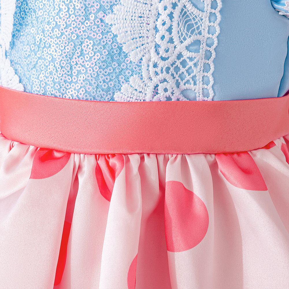 Europa y los Estados Unidos nuevos juguetes siempre movilizar niñas vestidos vestidos de mangas voladoras vestidos de princesa de encaje empalmado vestido de punto ondulado