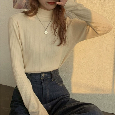 Autumn knitted sweater, Korean style, high collar, western style, fitted