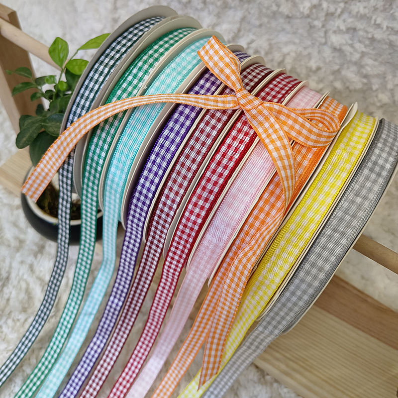 Al por mayor 1cm escocés pastoral Plaid cinta de tela horquilla hecha a mano arco flor embalaje cinta DIY color