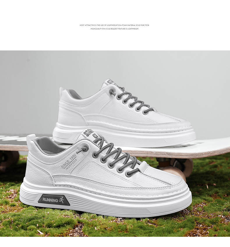 Vyriški bateliai „Board“, balti, skirti studentams, 2024 m. rudens nauji žemi plokščiapadžiai vyriški batai, odiniai sportiniai ir laisvalaikio madingi batai._voghion.com