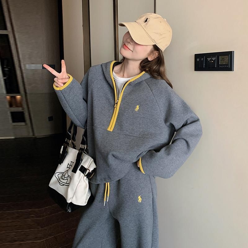 外贸跨境胖MM大码设计感秋冬季运动衣服女套装休闲宽松显瘦两件套|undefined