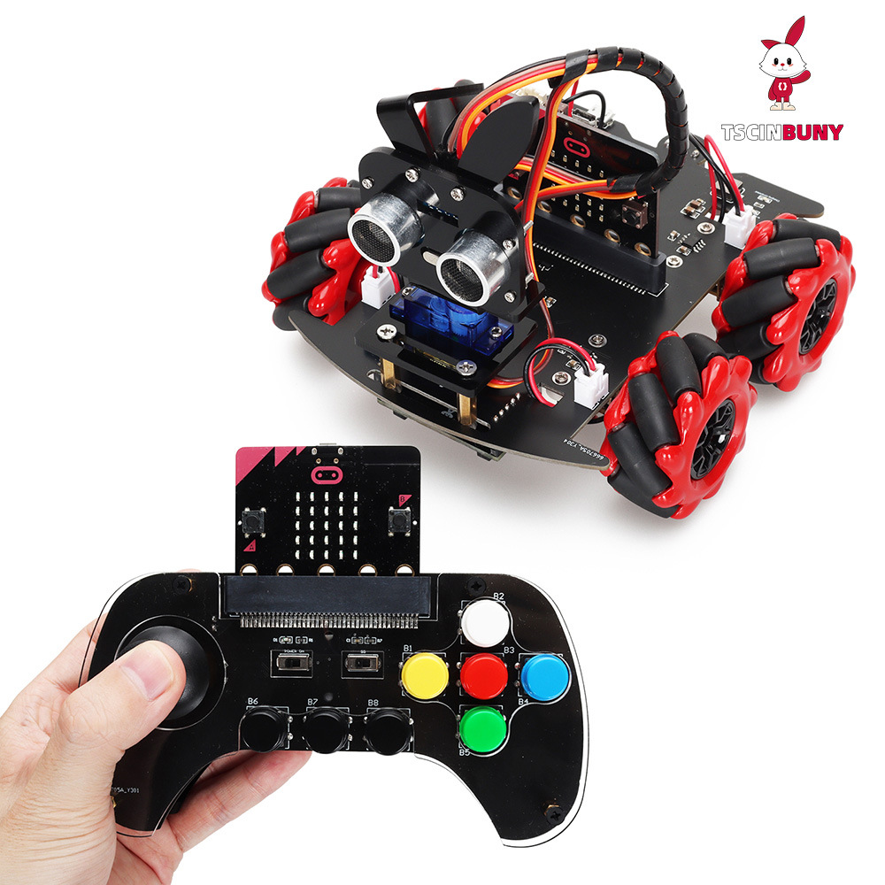 Graphic ultrasonic obstacle avoidance follow robot Microbit McHam wheel Tracing programming Smart car