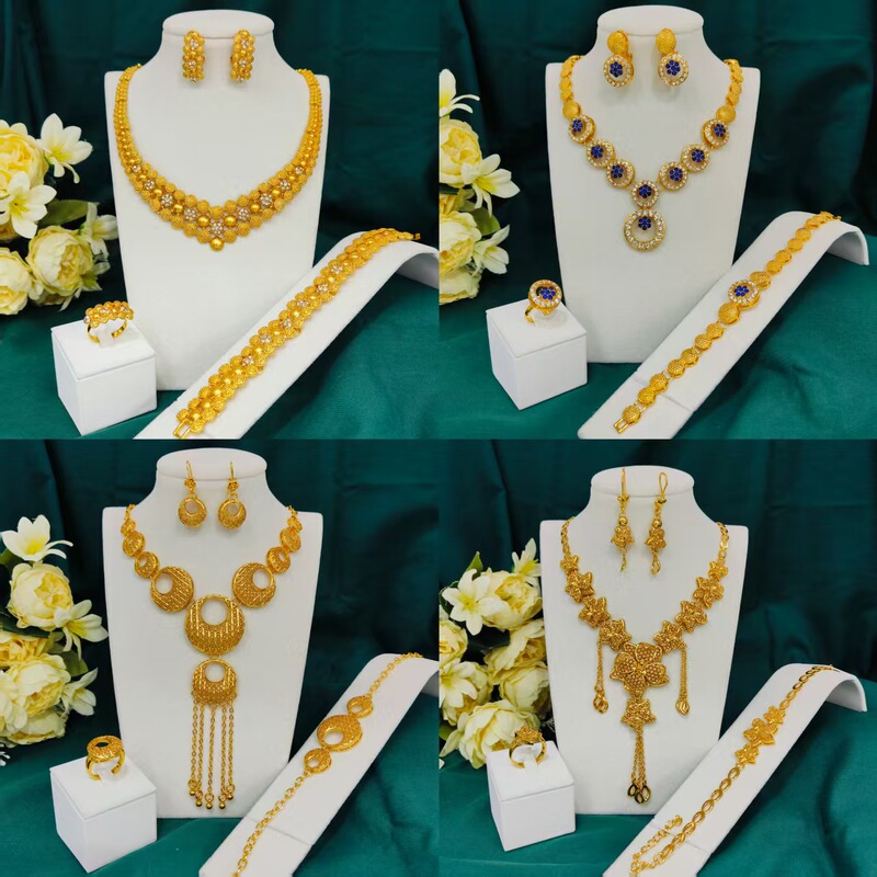 Cross Border Nigeria Dubai 24K Gold Jewelry suit Bridal Necklace Bracelet Earrings Ring Four-piece Set