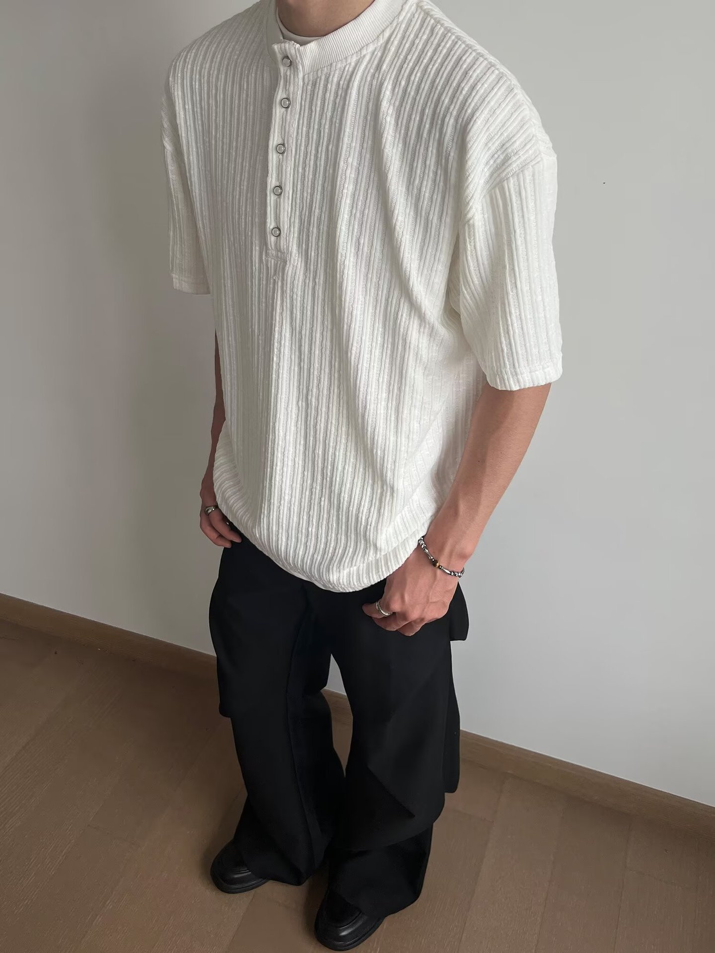 Herren Henley Shirt Waffelstruktur Langarm Button Pullover_voghion.com