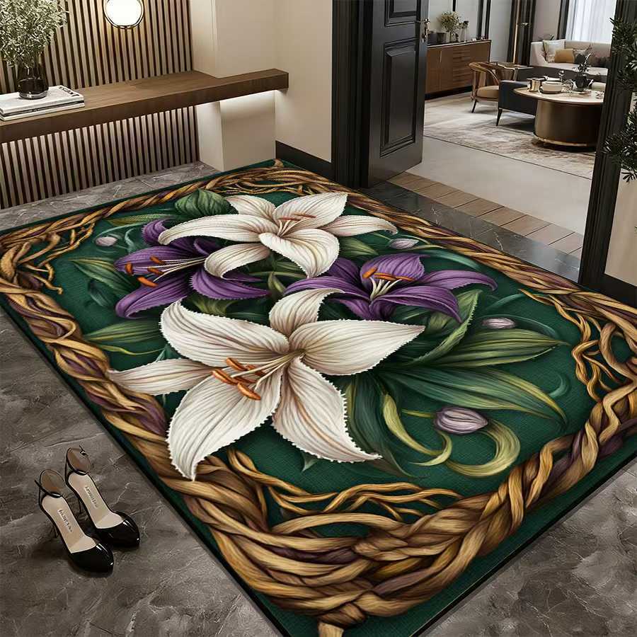 Tapis de bain/baignoire absorbant l'eau, motif floral 3D en terre de diatomées, avec base en caoutchouc antidérapante et effet antidérapant._voghion.com