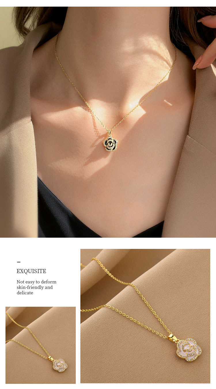 Fashion Flower Titanium Steel Inlay Rhinestones Pendant Necklace 1 Piece