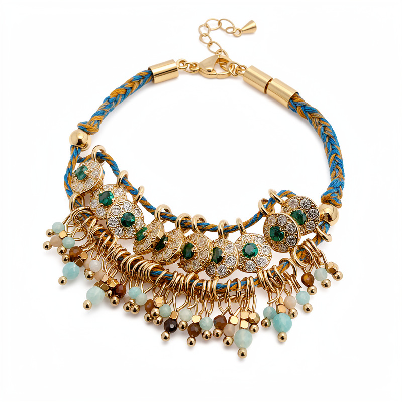 Cuerdas de color trenzadas zircon pulsera de vidrio redondo ligera de lujo nicho de alta sensación pulsera estilo nacional joyas retro