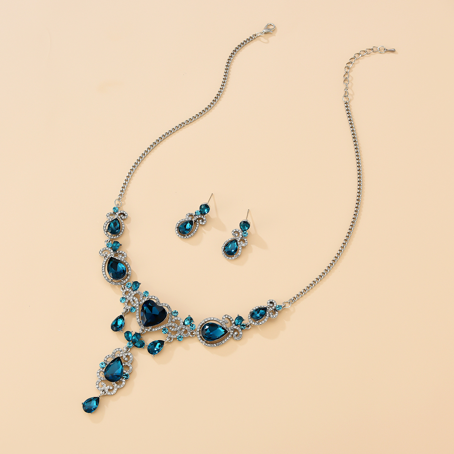 Fashion Blue Water Drop Diamond Alloy Necklace Earrings Set display picture 1