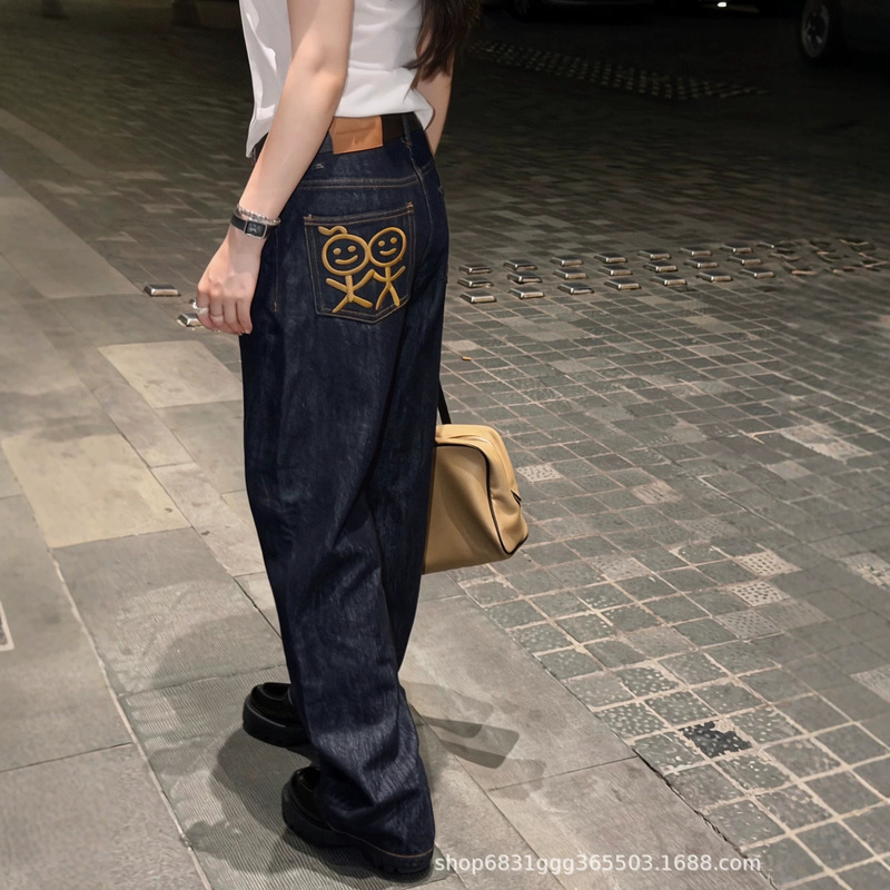 Matchstick high-waisted wide-leg jeans for women, with matchstick man embroidery, loose straight cut, original color, new versatile trendy style Matchstick high-waisted wide-leg jeans for women, with matchstick man embroidery, loose straight cut, original color, new versatile trendy style