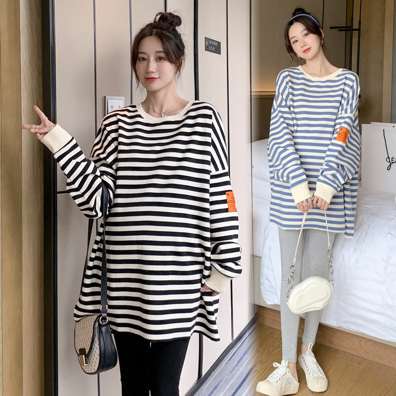 Striped Contrast Color Spring and Autumn Outer Wear Mid-length Loose Slimming Pregnant Women's Top Long Sleeve Sweatshirt T-shirt Two-piece Suit
