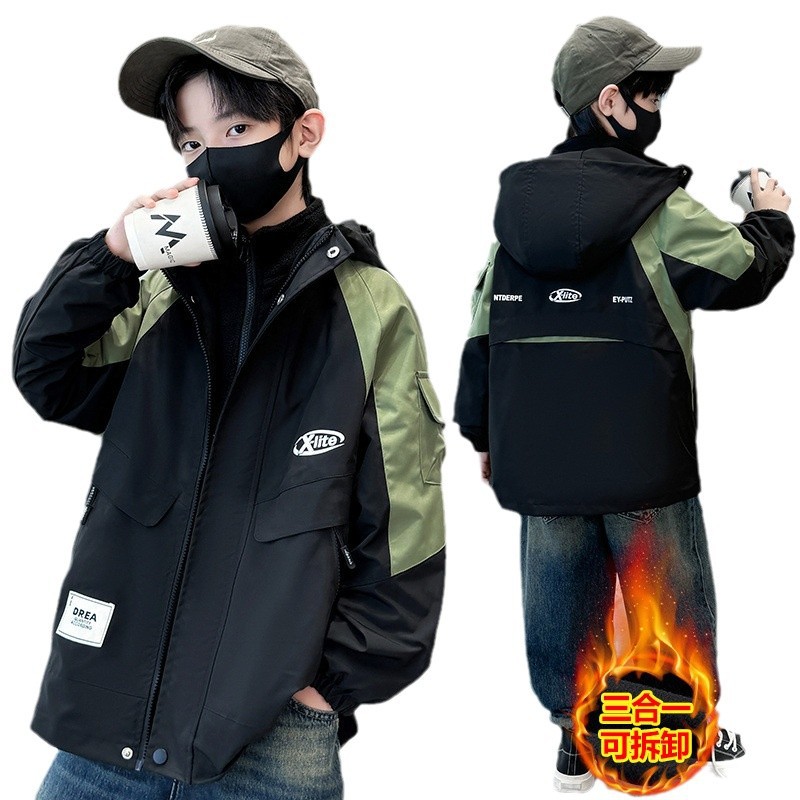 (2개) 소년 코트 가을과 겨울 2024 새로운 가을 중다 어린이 가을 3 대 1 분리 가능한 두꺼운 자켓