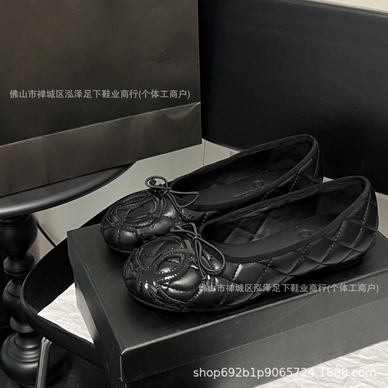 2025小香风中古康鹏蝴蝶结芭蕾舞鞋平底单鞋时尚百搭经典菱格女鞋|undefined