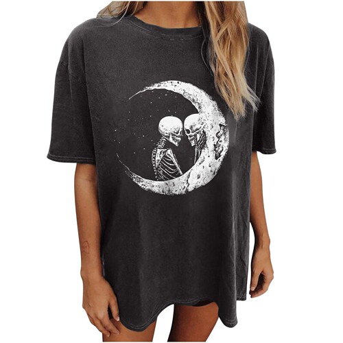 Retro Skeleton Sun Moon Print Short-Sleeve Top Summer Gothic Clothes Black T-Shirt
