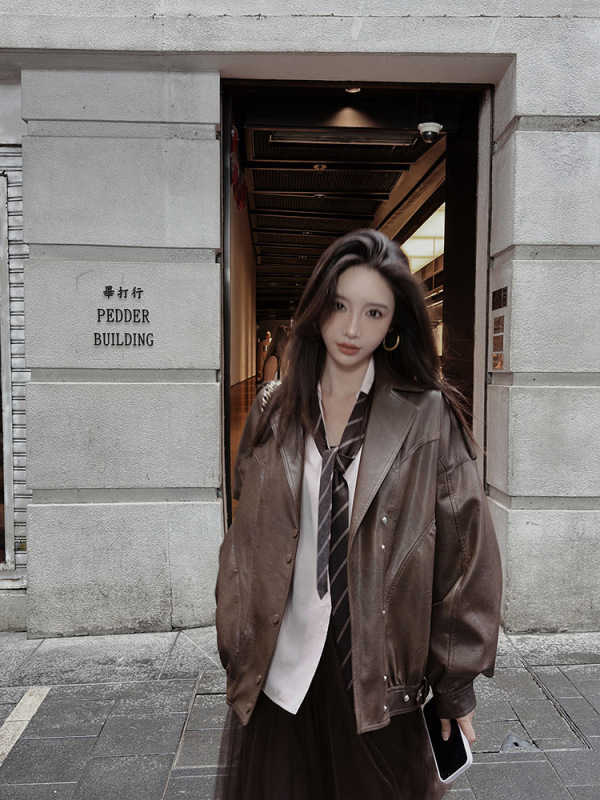 ZQ子晴 旧梦摩卡＇深棕色西装皮衣女秋季新款小众高级感宽松外套|undefined