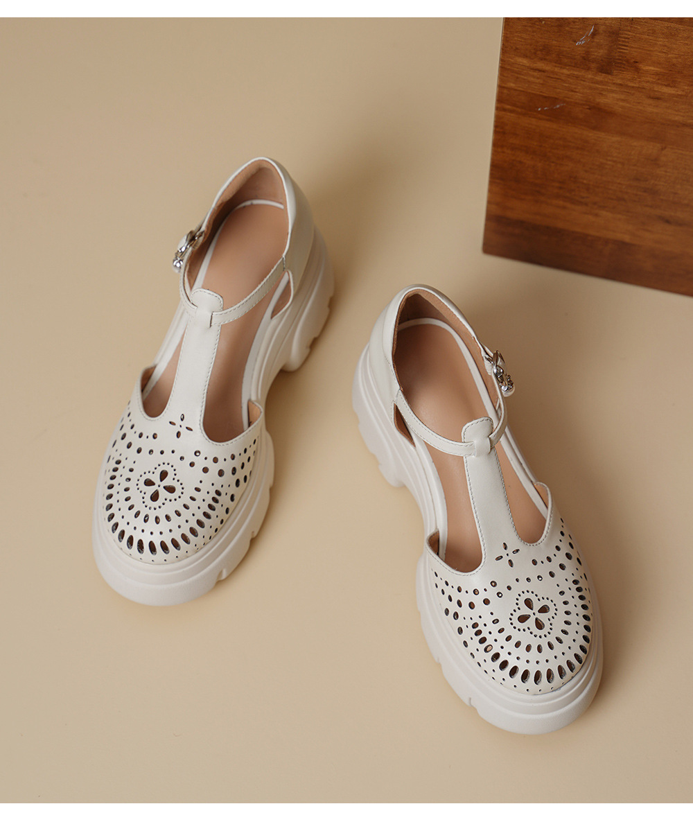 Giày cao gót nữ đế xuồng platform 8 cm, mũi tròn bít, quai chữ T kiểu Mary Jane, họa tiết khoét lỗ thoáng khí — màu đen, màu mơ chi tiết 15