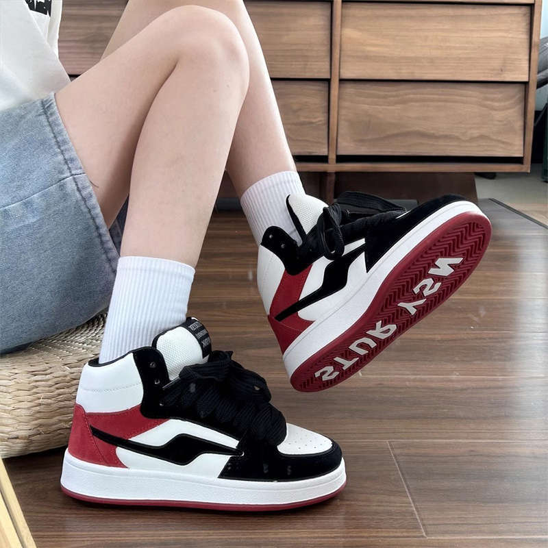 Black and Red Color-Block High-Top Sneakers for Women, Trendy Versatile 2025 Spring and Autumn New Niche Casual Sports Loafers