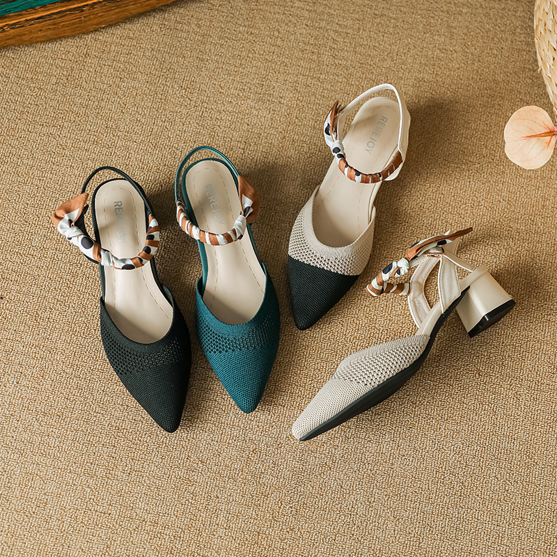 Baotou Sandals for Women, Summer Thick Heels, Elegant Ribbon Pointed Toes, Breathable Fly-Knit Shoes, Knitted One-Strap High Heels, Day Baotou Sandals for Women, Summer Thick Heels, Elegant Ribbon Pointed Toes, Breathable Fly-Knit Shoes, Knitted One-Strap High Heels, Day