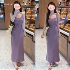 时尚韩系纯欲风甜美气质吊带长袖开衫女连衣裙一整套两件套纯色