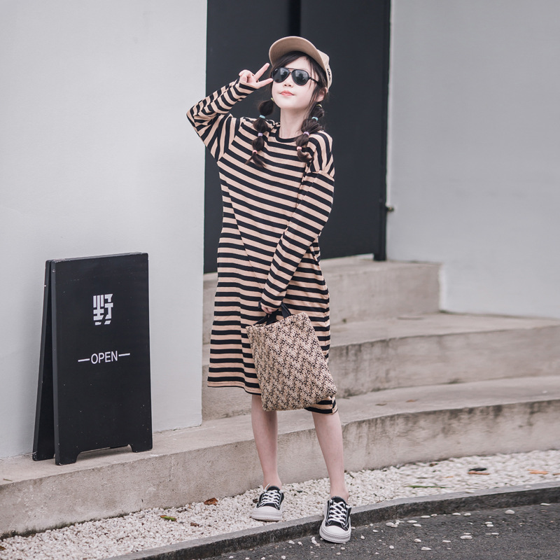 Vestido de rayas de algodón de moda de estilo coreano para niñas de primavera y otoño falda básica de fondo de manga larga para niños medianos y grandes
