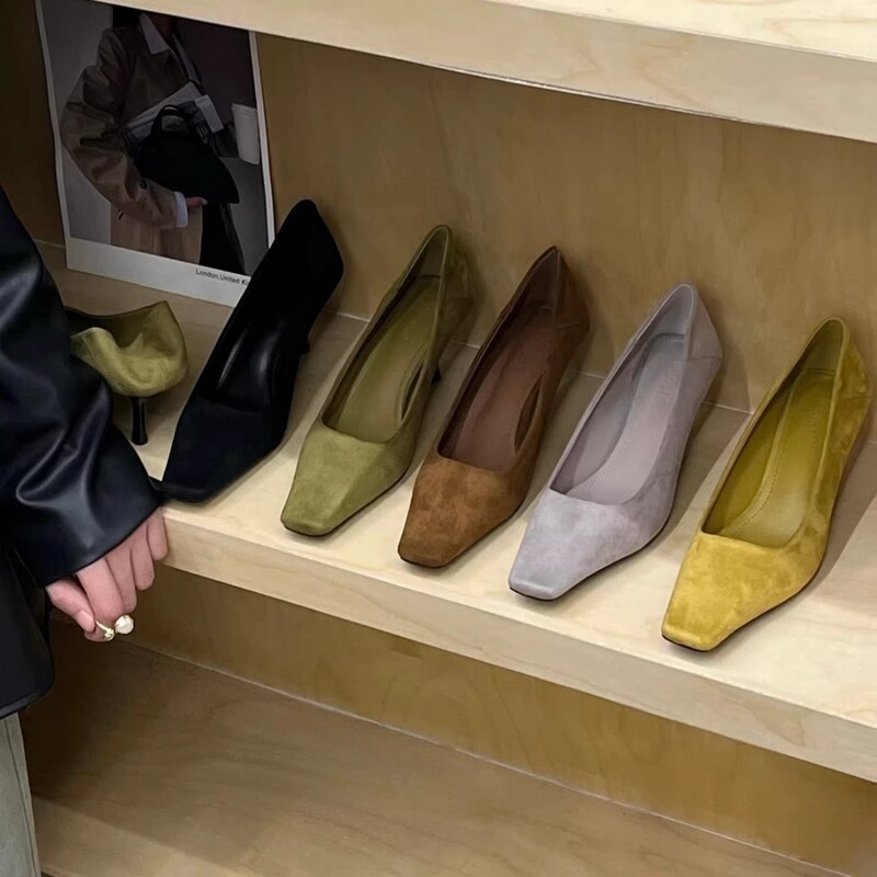 Sweet Retro-Style Square-Toe Suede Stiletto Heels, Professional and Sexy Slip-On Classic High-Heeled Women's Shoes