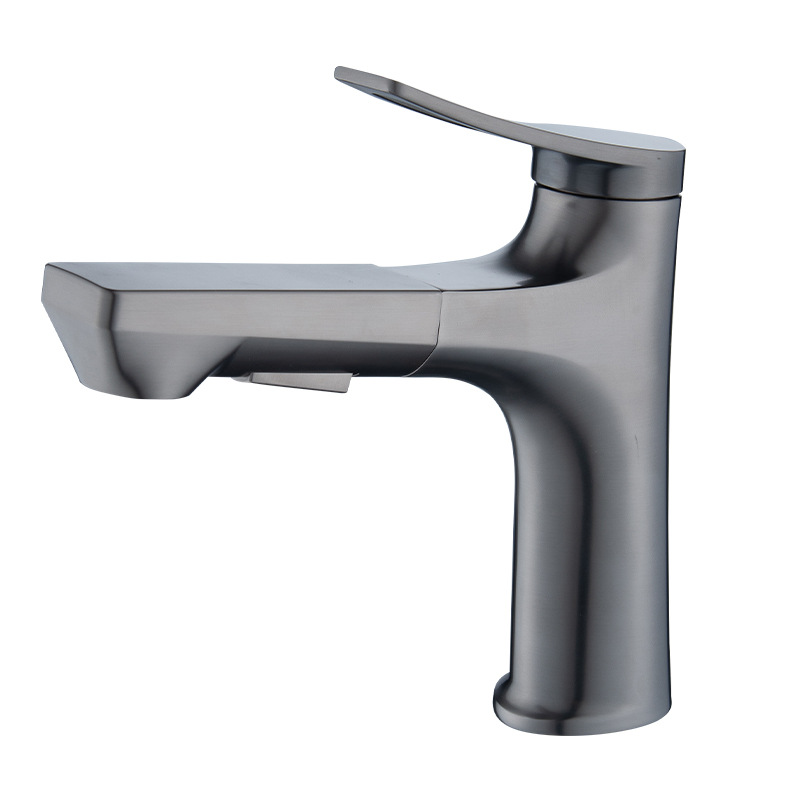 Pistola de cobre Grifo gris Lavabo extraíble Todo cobre Grifo telescópico plateado frío y caliente multifuncional Aguja de un solo orificio