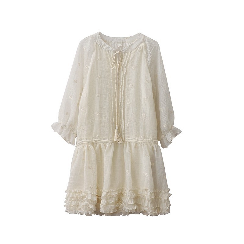 French Resort Style Heavy Craft Embroidery Ruffle Lace Patchwork Tassel Tie-Up Cropped Long-Sleeve Dress Short Skirt