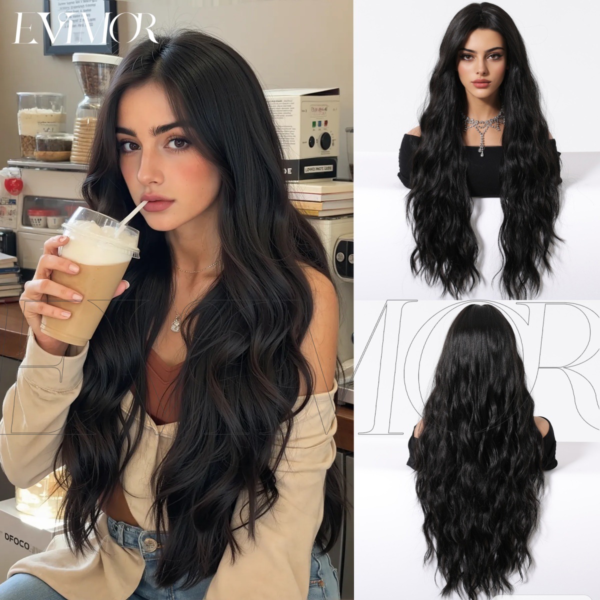 Peruca de comercio exterior europea y americana cabello rizado largo negro ondulado fibra química cabeza completa peluca fábrica al por mayor