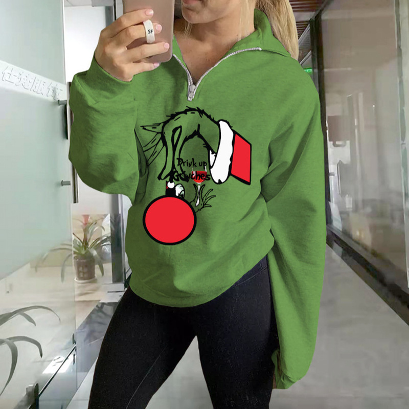 Cross-border AliExpress Amazon Christmas Explosions Grinch Green Hair Monster 1/4 Zipper Sweatshirt Green Casual
