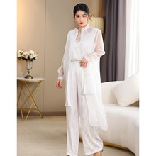 春夏时尚新中式花朵刺绣对襟衬衣连衣裙显瘦优雅百搭中国风收腰