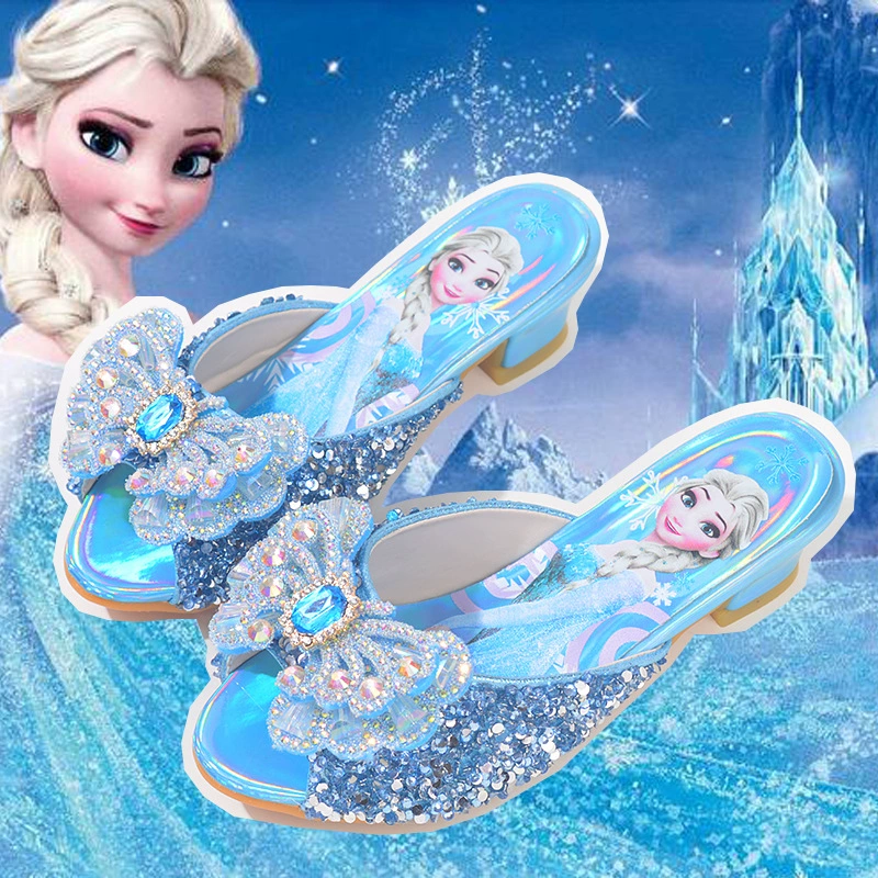 Хрустальные тапочки для девочек Эльзы, летняя верхняя одежда, модные детские сандалии на высоком каблуке со стразами, милая обувь принцессы Эльзы