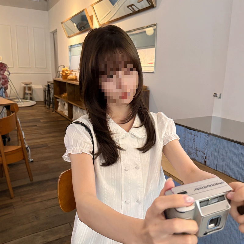 Milk Rabbit - Self-Made Double-Row Button Jacquard/Puff Lace Doll Collar Shirt for Women, Summer Short-Sleeve Top, Planet Milk Rabbit - Self-Made Double-Row Button Jacquard/Puff Lace Doll Collar Shirt for Women, Summer Short-Sleeve Top, Planet
