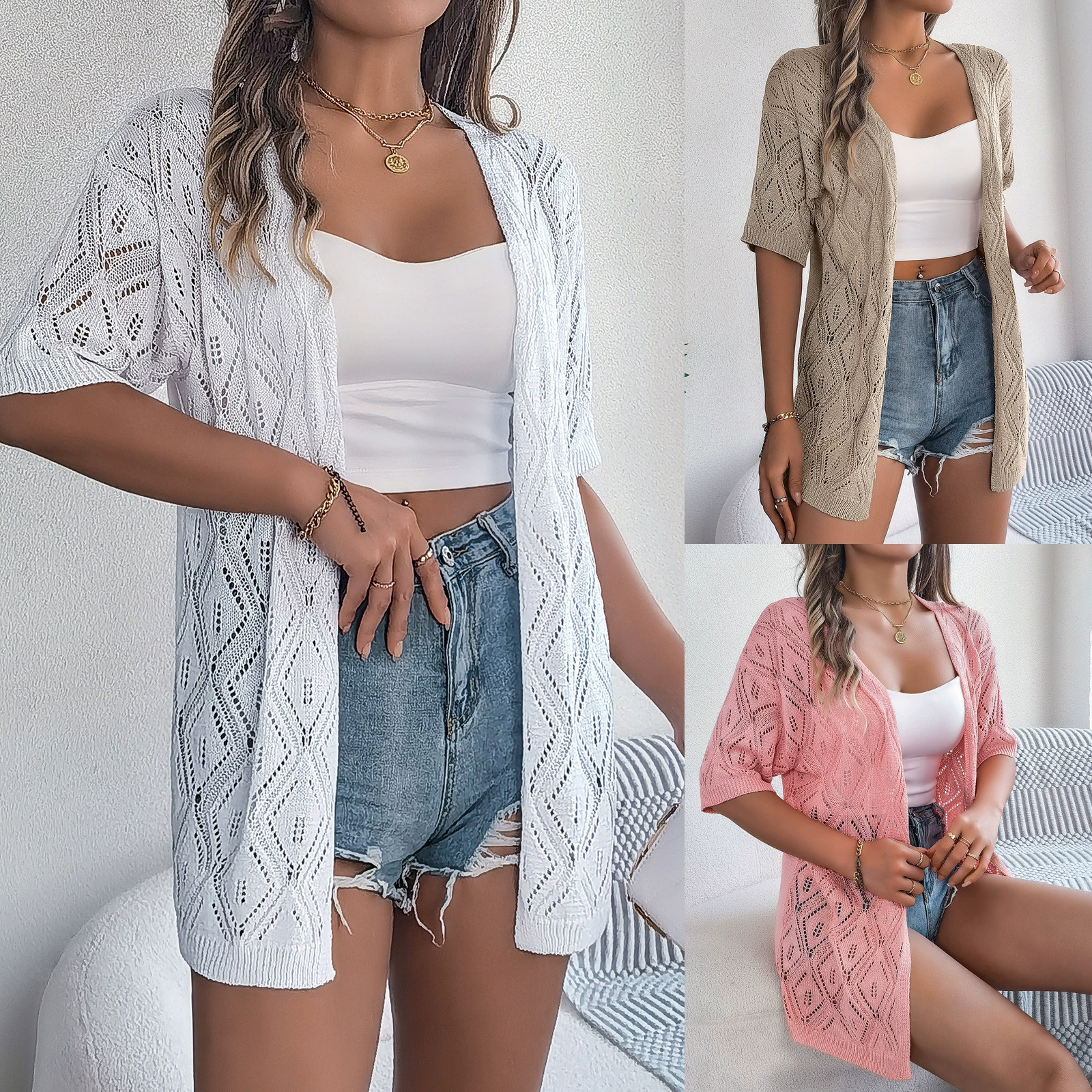 Рекордная летняя полая клетка с короткими рукавами кардиган пляжный солнцезащитный костюм Amazon Европа и США трансграничная женская одежда