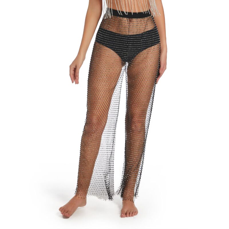 Amazon popular European and American sexy fishing net flash Diamond wide-leg pants high waist loose women's leggings mesh straight trousers