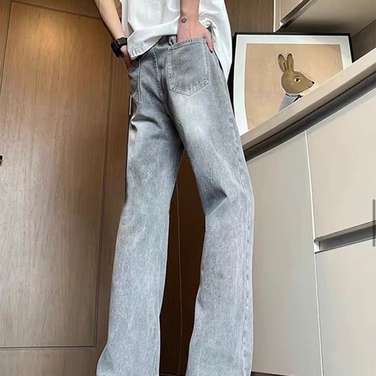 Smoke Gray Bootcut Jeans Men's Summer American Retro Vibe Pants High Waist Narrow Version Slim Scimitar Pants