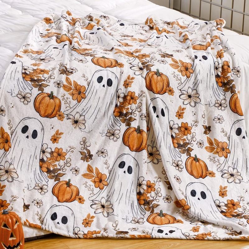 ハロウィーンかわいいボヘミアン風幽霊フランネル毛布秋カボチャ毛布ソファーベッドパーティー装飾|undefined