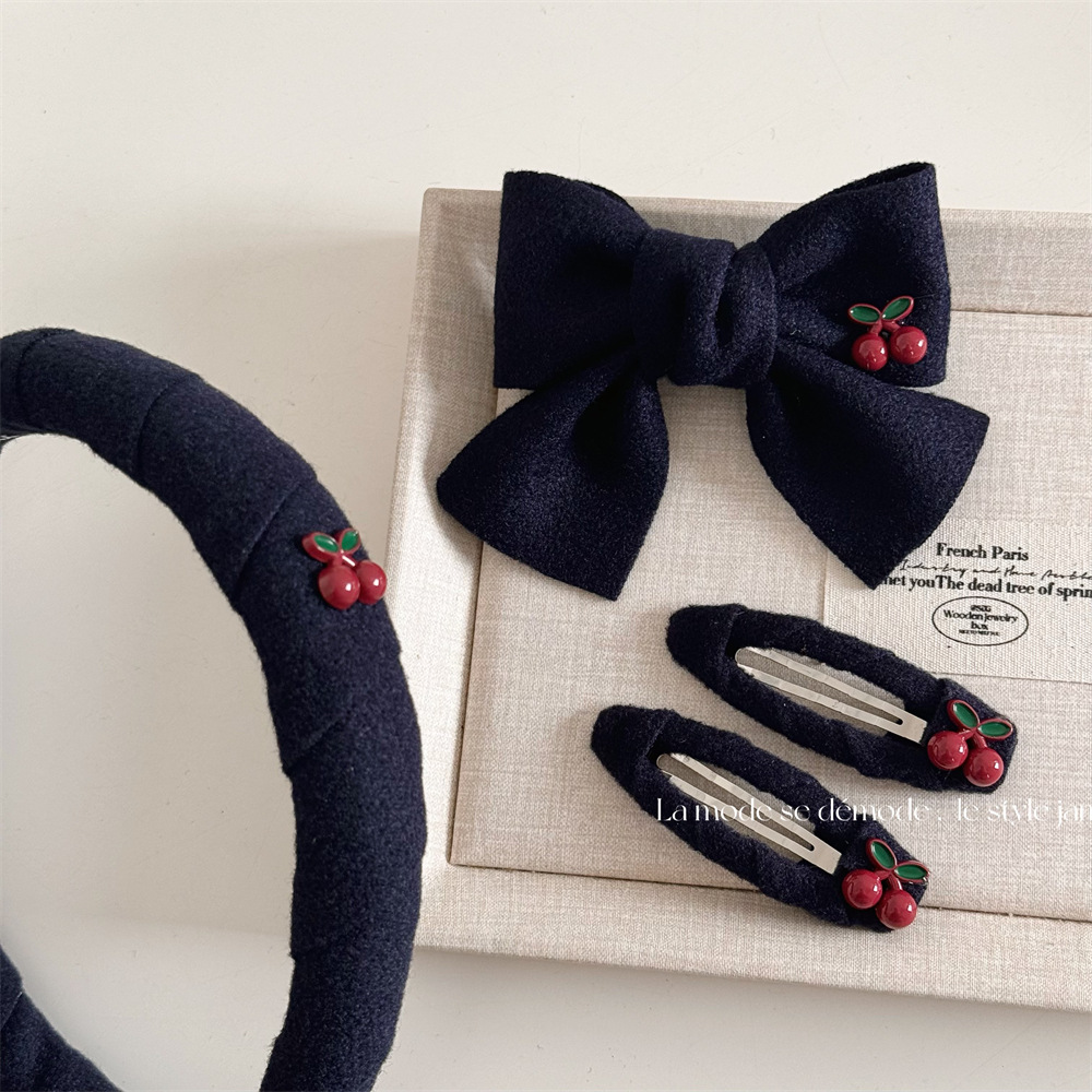 japanese style navy blue small cherry cloth hairpin bang clip bb clip high-grade navy blue bow hair clip women