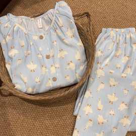 带胸垫睡衣女款春秋季韩系可爱卡通长袖休闲大码家居服套装可外穿