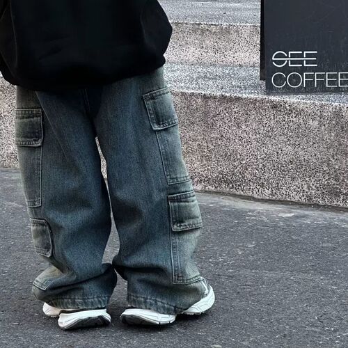 Children's denim jeans spring version unisex children's spring wear baby retro boy wide-leg pants straight-leg pants long pants work style