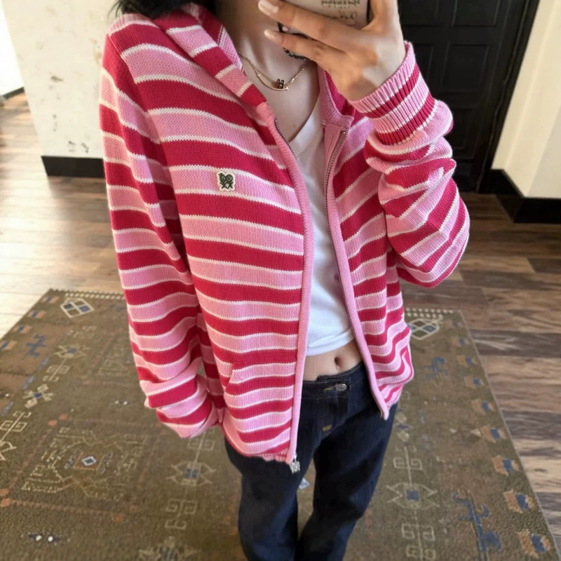 Correct version of urban Korean 26FW Matchman retro color-block striped knitted hooded zip-up cardigan jacket Correct version of urban Korean 26FW Matchman retro color-block striped knitted hooded zip-up cardigan jacket