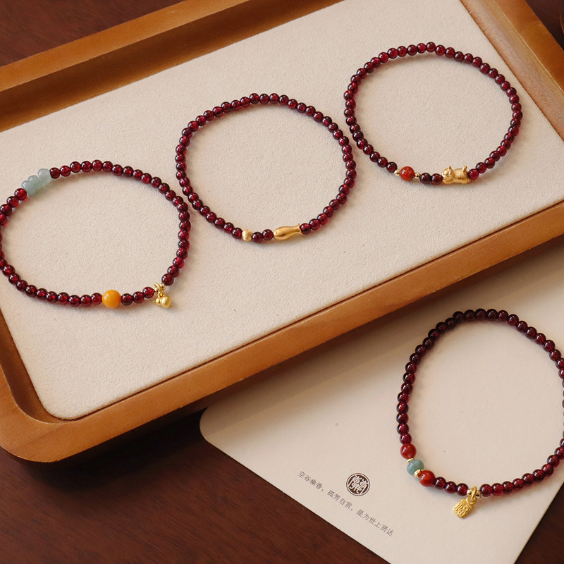 Natural genuine goods Garnet Bracelet for Women Stone Single Circle New Chinese Style Design Popular Bracelet for Girls Stacked Wear