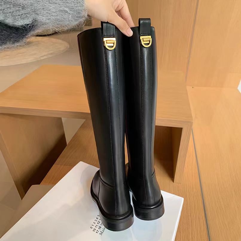 Grape Mom Studiolee Simple Round Toe Mid-Heel Side Zipper Fleece-Lined Fashion High Long Riding Boots for Women in Autumn and Winter