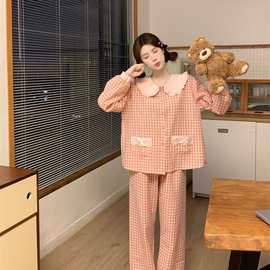 棉韩版新款睡衣女套装小清新甜美公主风格子长袖长裤家居服套装