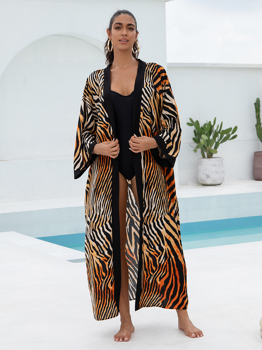 Women's Flowy Cover Up Kimono Beach Dress With Exotic Prints Lightweight Linen Feel Fabric For Pool, Vacation, Boho Outfit_ecoleips.com