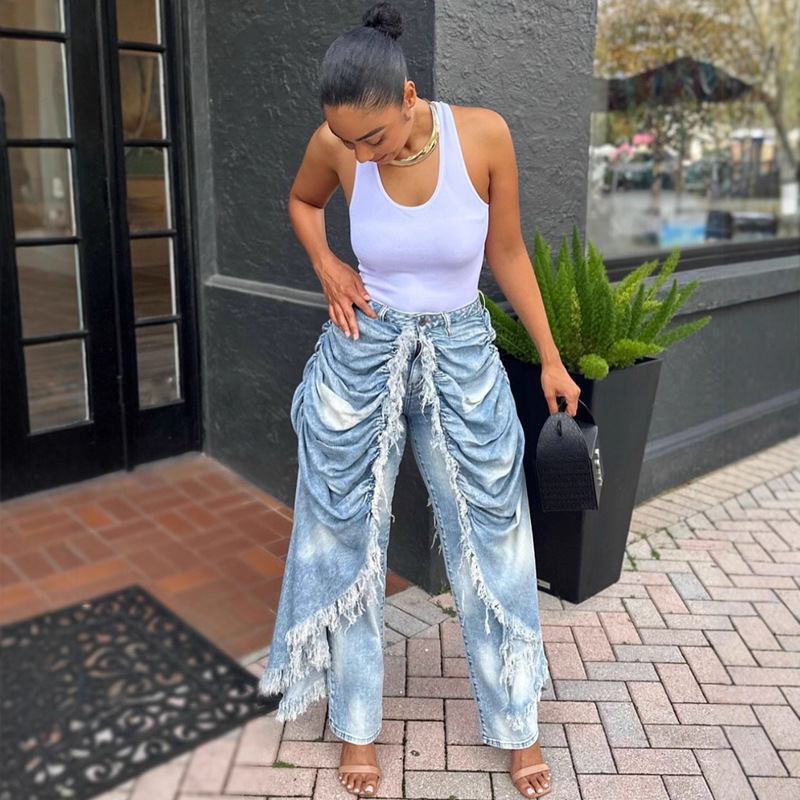 European and American Style High-Waisted Jeans Amazon Cross-Border New Women's Fashion Personalized Pleated Brushed Edge Straight Pants European and American Style High-Waisted Jeans Amazon Cross-Border New Women's Fashion Personalized Pleated Brushed Edge Straight Pants
