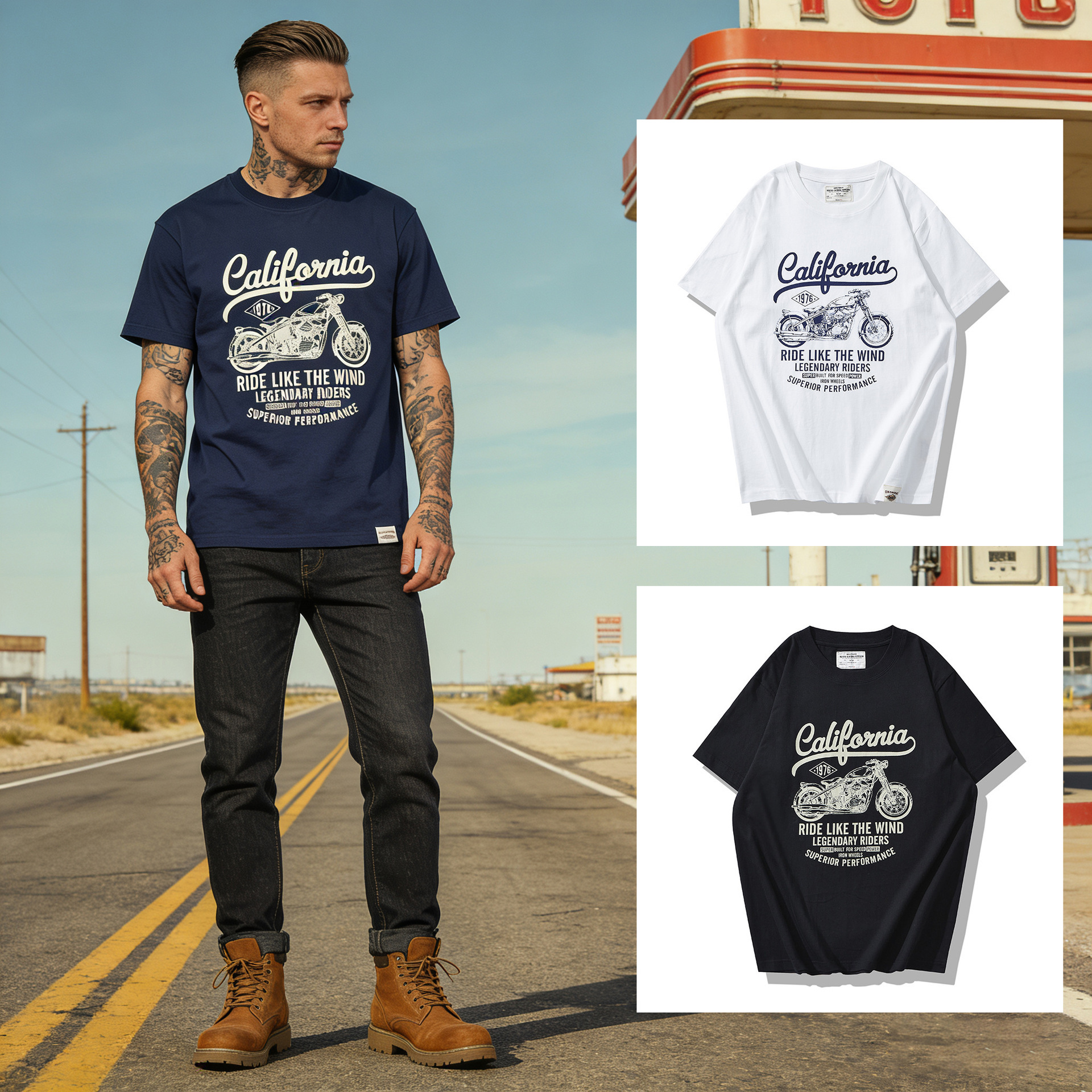 Okonkwo 2021Ss National Trend 1976 Motorcycle Printed T-Shirt 200g Men's Round Neck Short-Sleeved Tee