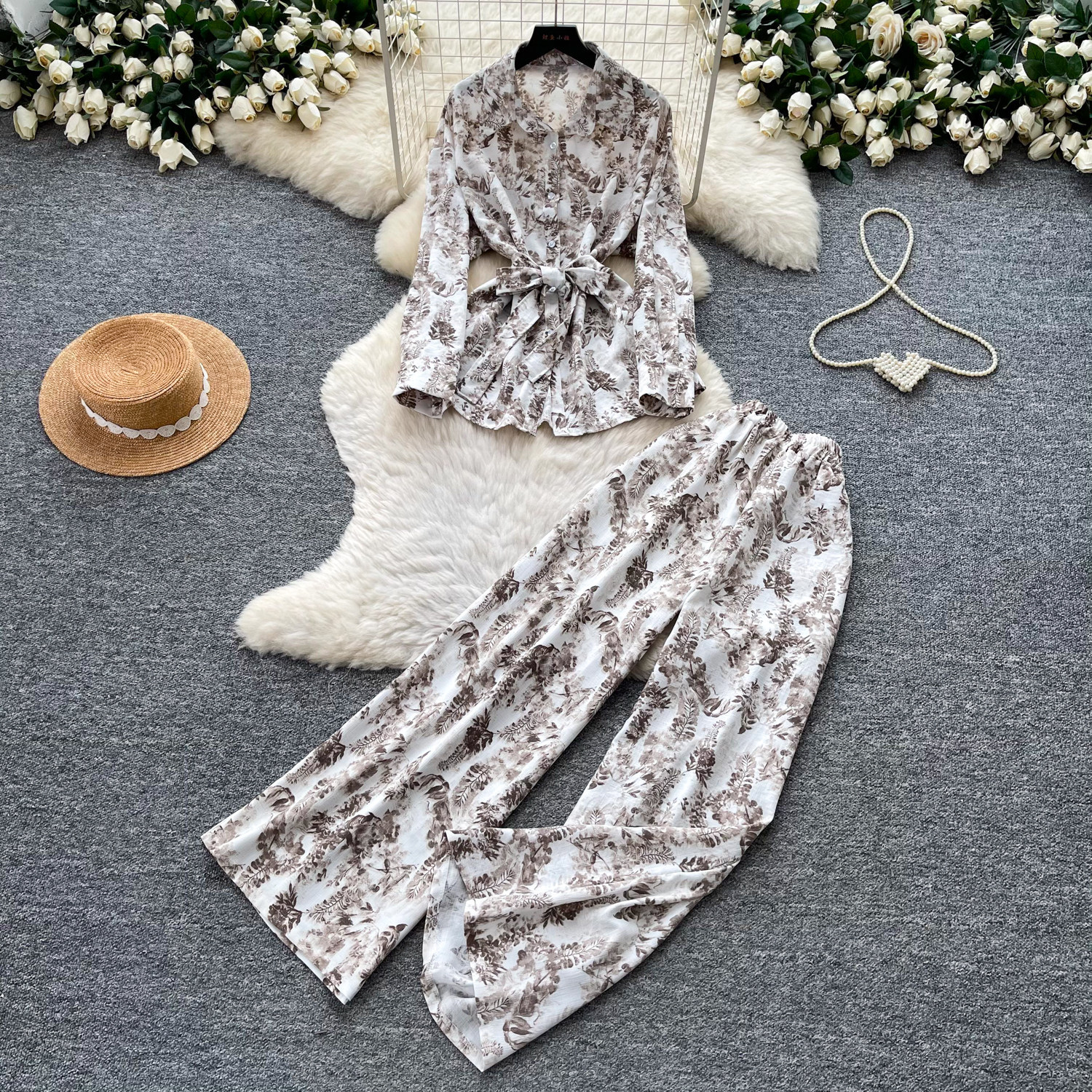 Women's Sophisticated Elegant Two Piece Set Autumn Tie up V Neck Top High Waisted Wide Leg Pants Slimming Stylish Look_ecoleips.com
