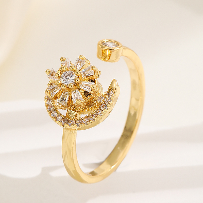 18K oro real color-preservar la suerte de la hierba estilo coreano transfronterizo diamante incrustado rotación de moda abierto anillo ajustable