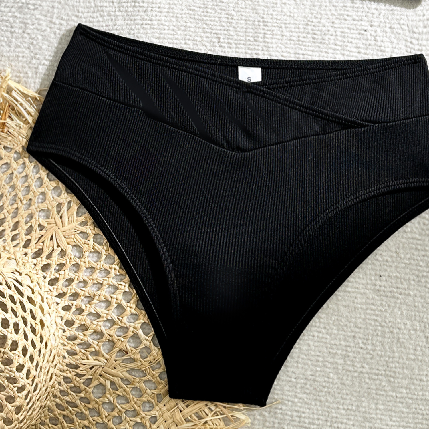 One-shoulder Split Sunken Stripe High Waist Swimsuit