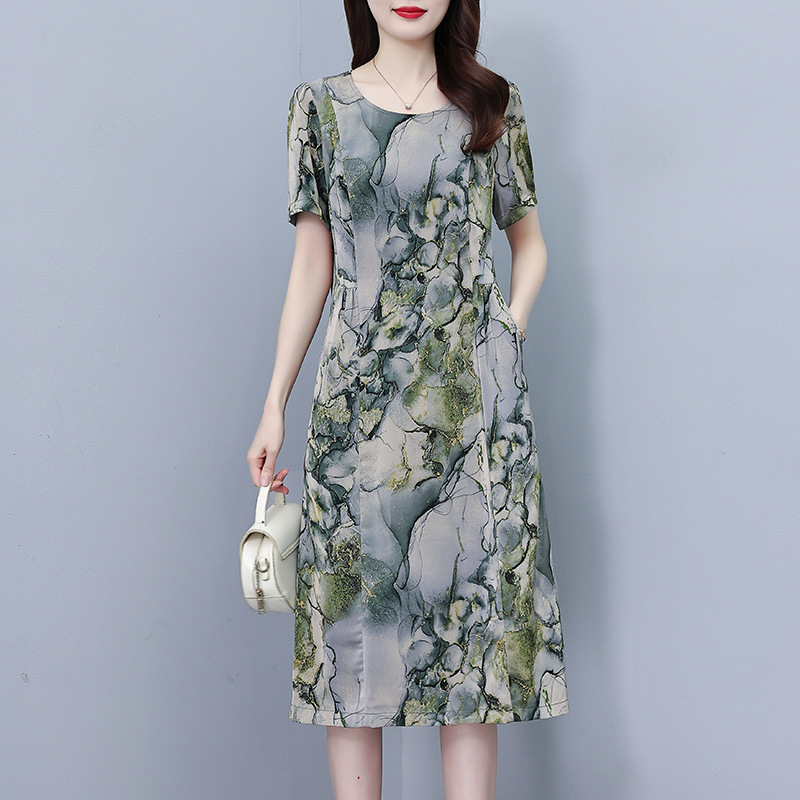 真丝桑蚕丝连衣裙女夏季新款高端香云纱显瘦大码宽松妈妈印花裙子|undefined