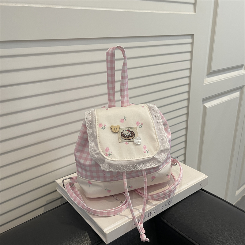 Fashionable and Cute Girly Style Mini Bag for Women 2025 New Sweet and High-End Lace Edge Plaid Backpack
